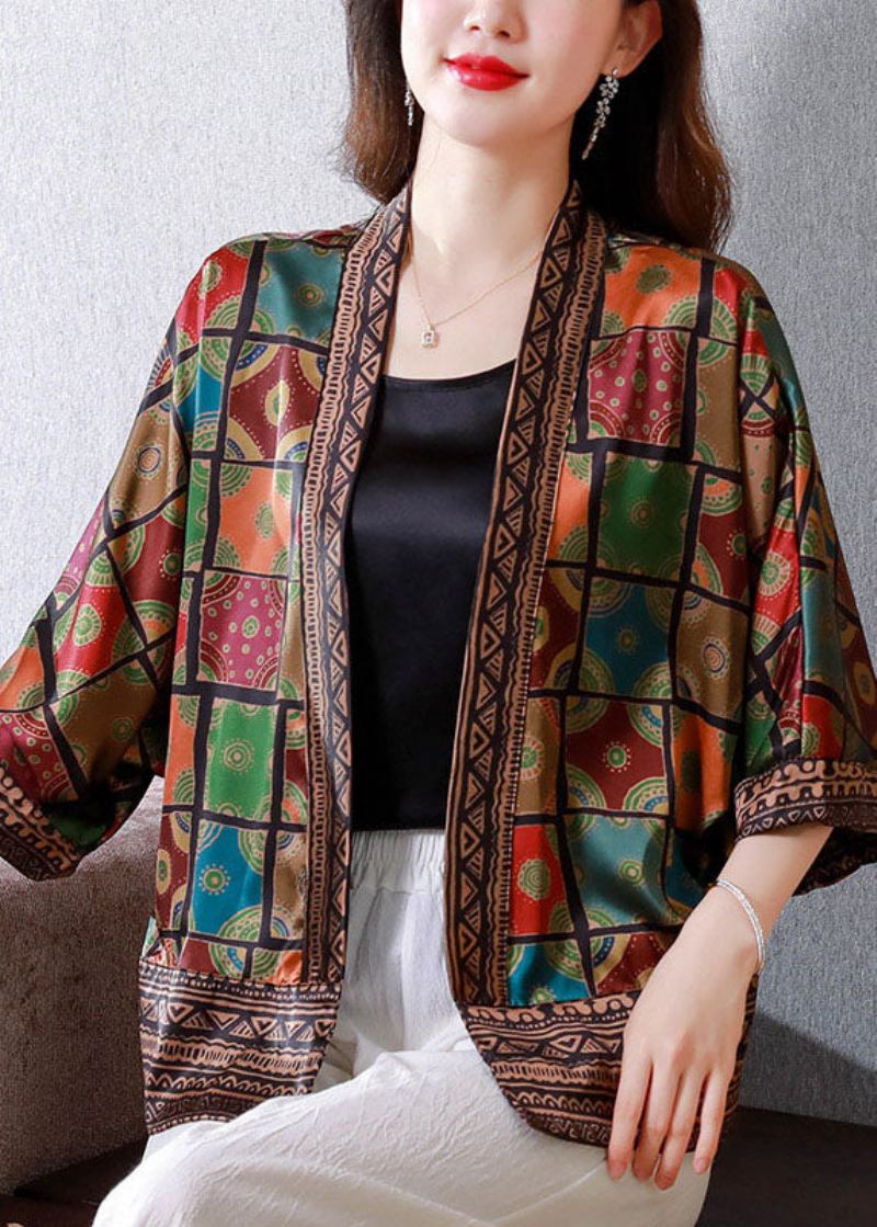 Cardigan En Soie À Carreaux Patchwork Color Block Biologique Été