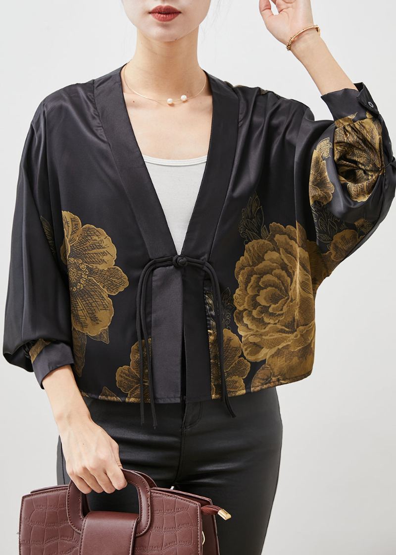 Cardigan En Soie Imprimé À Glands Noir De Style Chinois Printemps