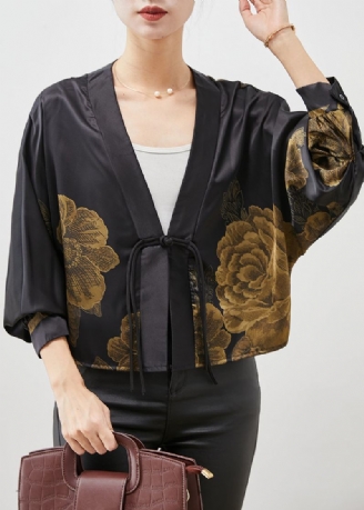 Cardigan En Soie Imprimé À Glands Noir De Style Chinois Printemps