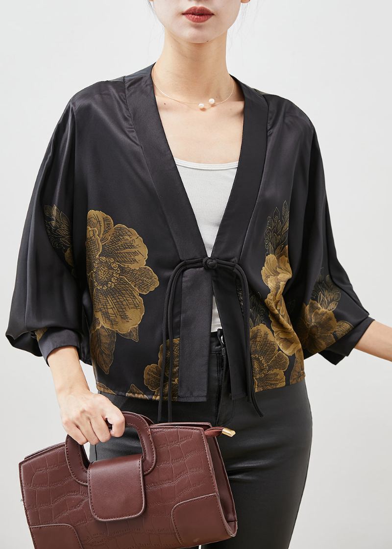 Cardigan En Soie Imprimé À Glands Noir De Style Chinois Printemps - Cardigans femmes