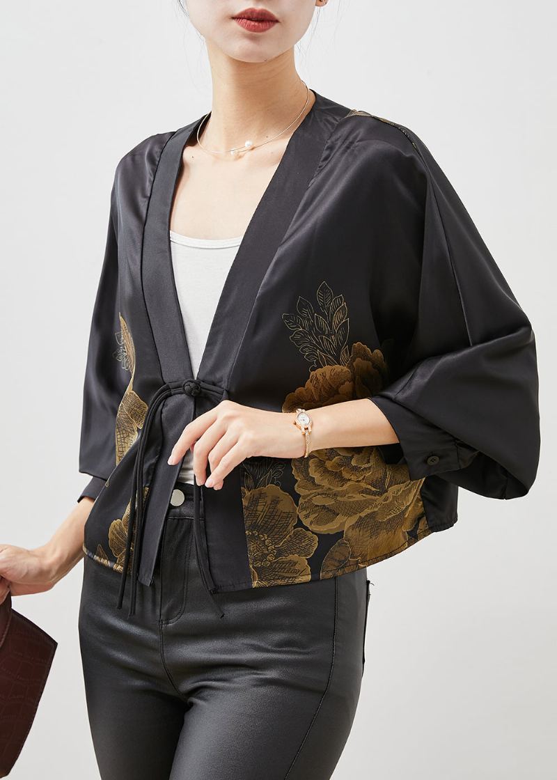 Cardigan En Soie Imprimé À Glands Noir De Style Chinois Printemps - Cardigans femmes