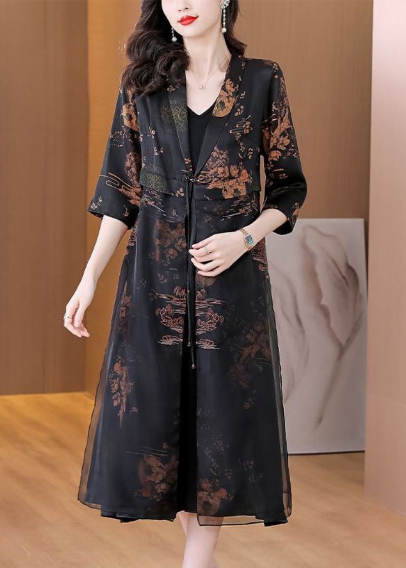 Cardigan En Soie Orientale Noire Bouton Chinois Brodé Été - Cardigans femmes