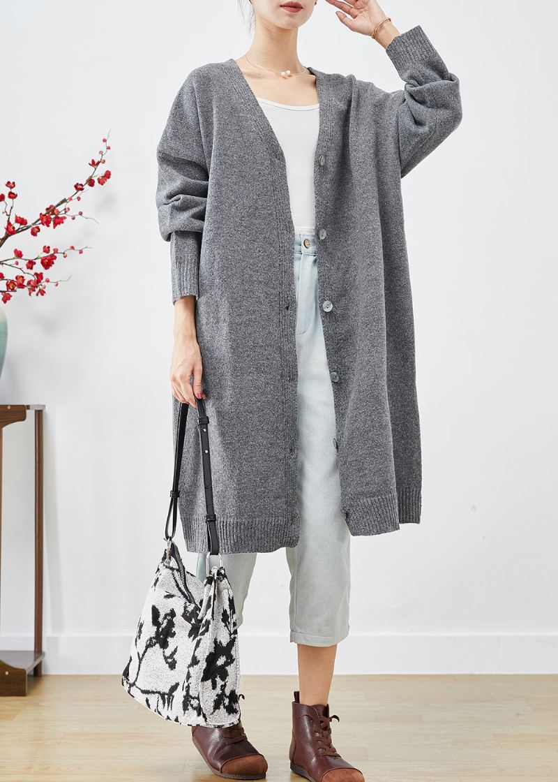 Cardigan Surdimensionné Boutonné En Tricot Gris Anthracite De Grande Taille Automne - Cardigans femmes