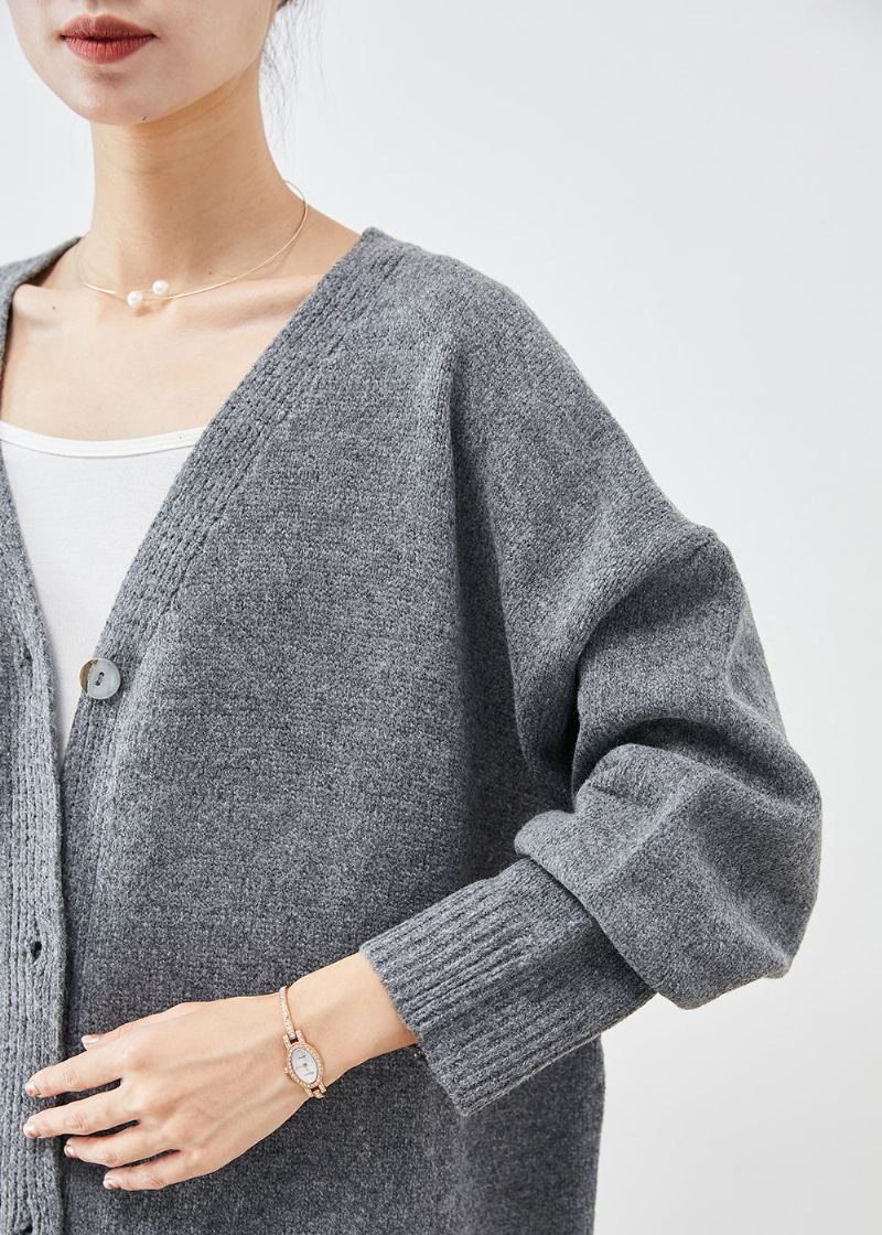 Cardigan Surdimensionné Boutonné En Tricot Gris Anthracite De Grande Taille Automne - Cardigans femmes