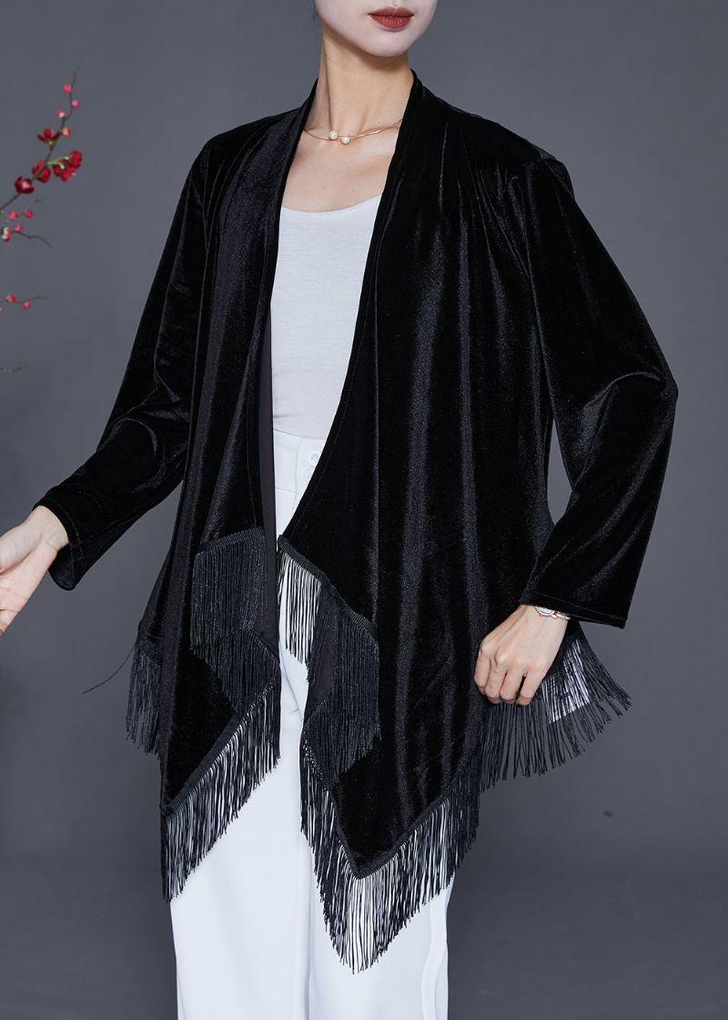 Cardigan Surdimensionné Noir En Velours De Soie Asymétrique À Glands Automne