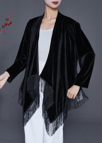 Cardigan Surdimensionné Noir En Velours De Soie Asymétrique À Glands Automne