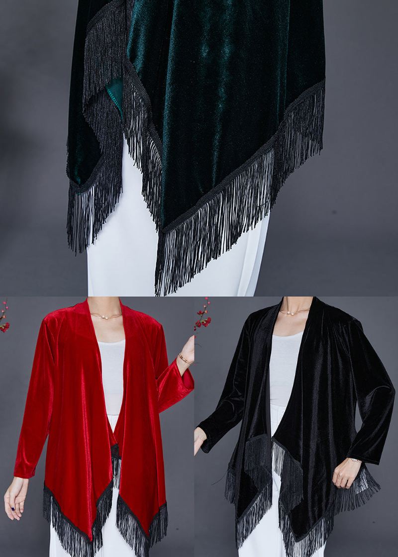 Cardigan Surdimensionné Noir En Velours De Soie Asymétrique À Glands Automne - Cardigans femmes