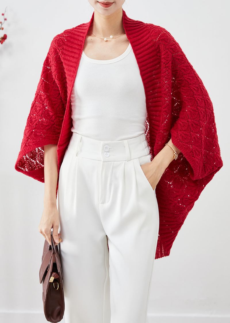 Cardigan En Tricot Ajouré Surdimensionné Rouge À La Mode Automne