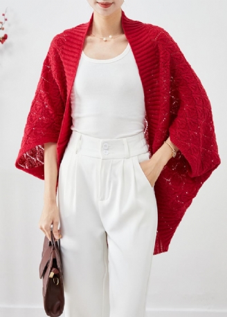 Cardigan En Tricot Ajouré Surdimensionné Rouge À La Mode Automne