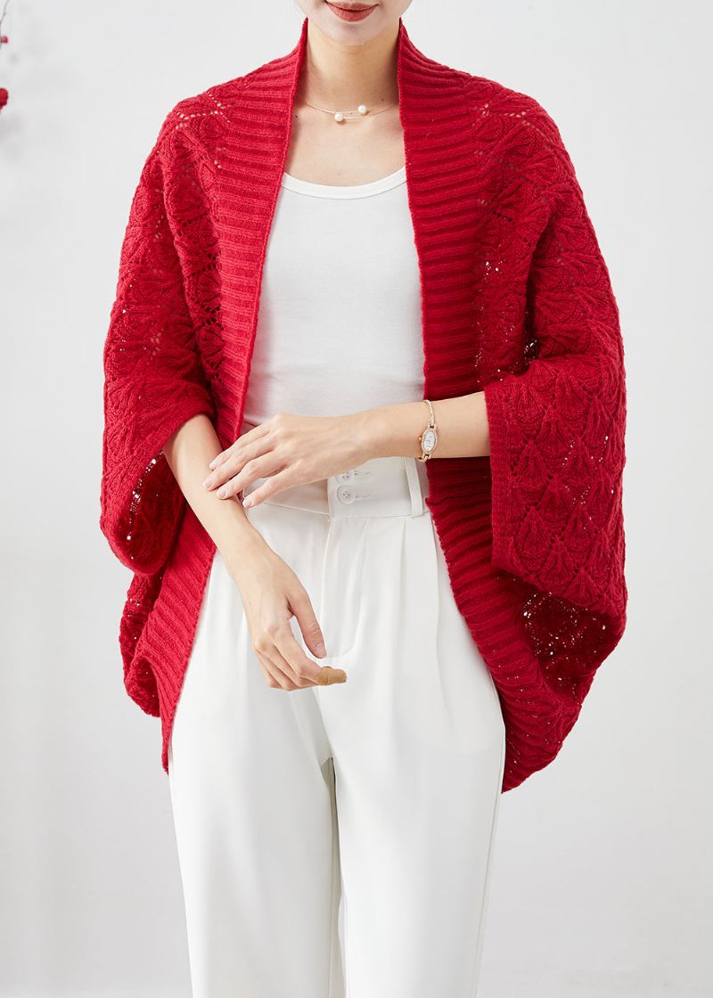 Cardigan En Tricot Ajouré Surdimensionné Rouge À La Mode Automne - Cardigans femmes