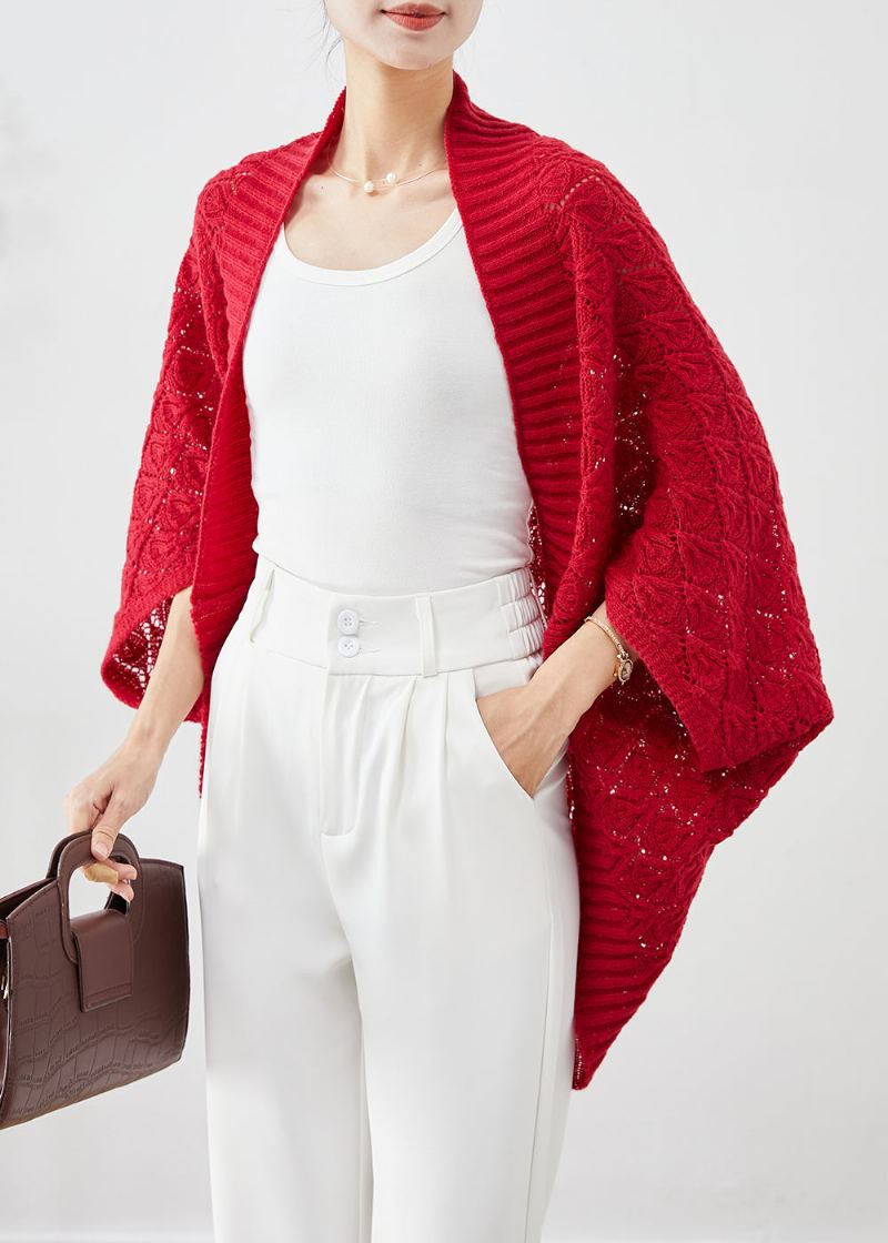 Cardigan En Tricot Ajouré Surdimensionné Rouge À La Mode Automne - Cardigans femmes