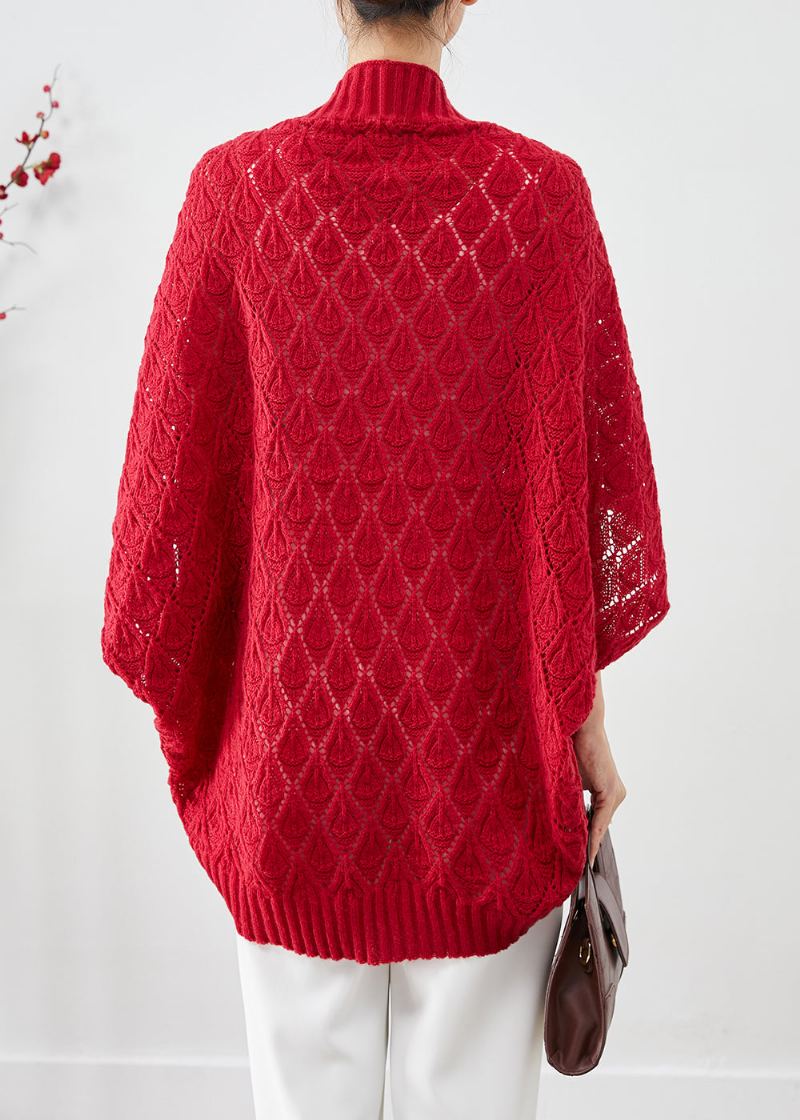 Cardigan En Tricot Ajouré Surdimensionné Rouge À La Mode Automne - Cardigans femmes