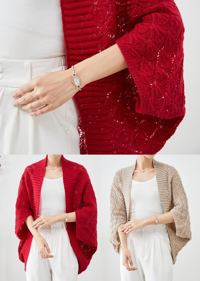 Cardigan En Tricot Ajouré Surdimensionné Rouge À La Mode Automne - Cardigans femmes