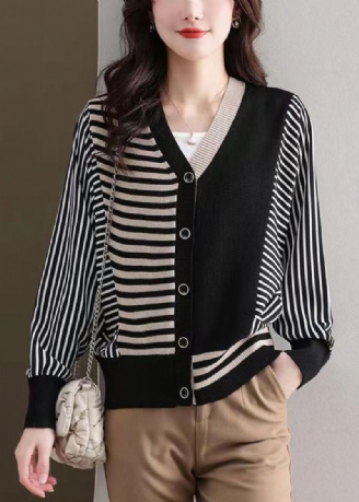 Cardigan En Tricot Ample À Rayures Noires Avec Boutons Patchwork Automne