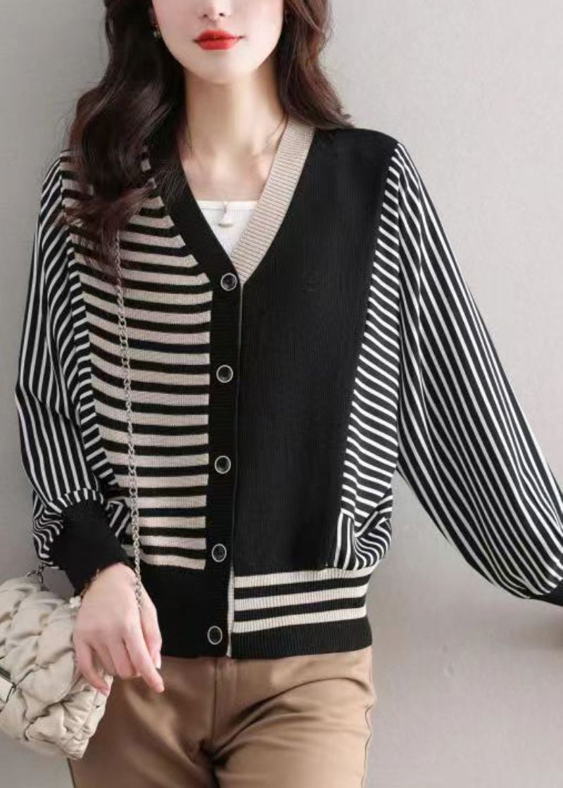 Cardigan En Tricot Ample À Rayures Noires Avec Boutons Patchwork Automne - Cardigans femmes