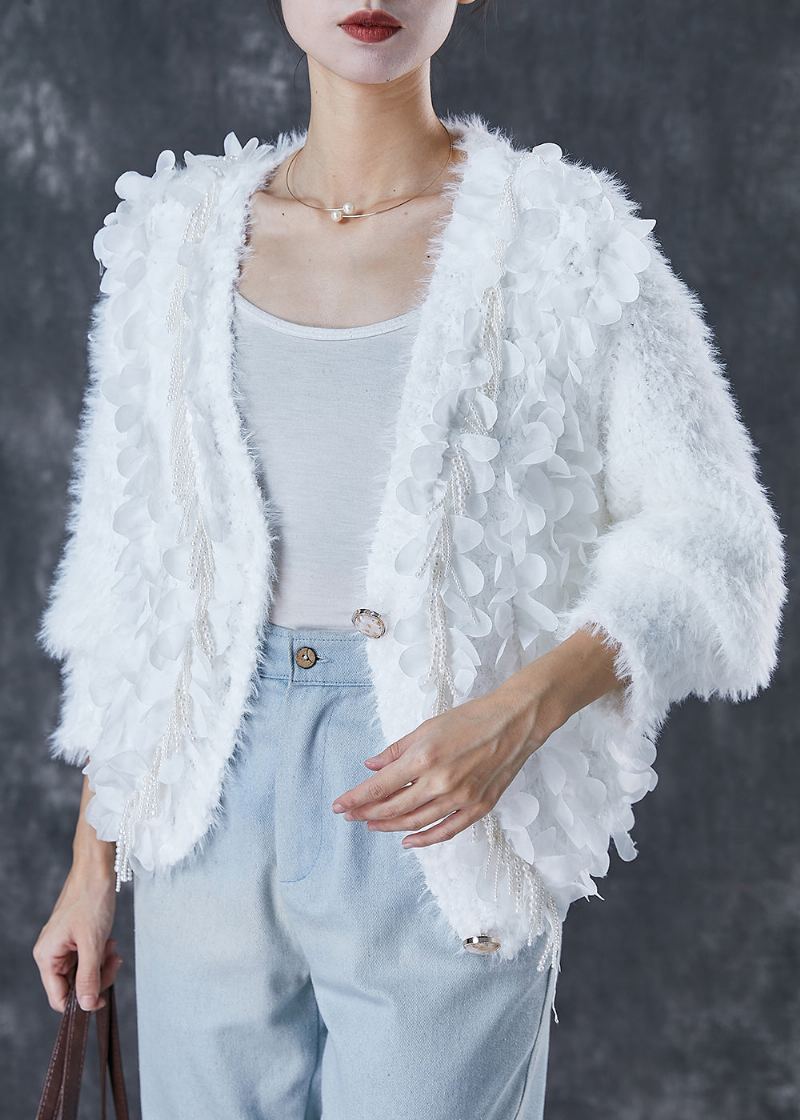 Cardigan En Tricot Blanc Ajusté À Pompons Et Perles Pour Ongles Printemps