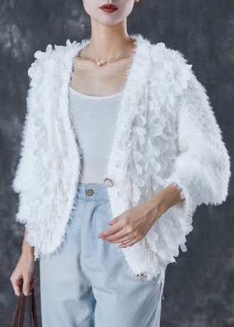 Cardigan En Tricot Blanc Ajusté À Pompons Et Perles Pour Ongles Printemps