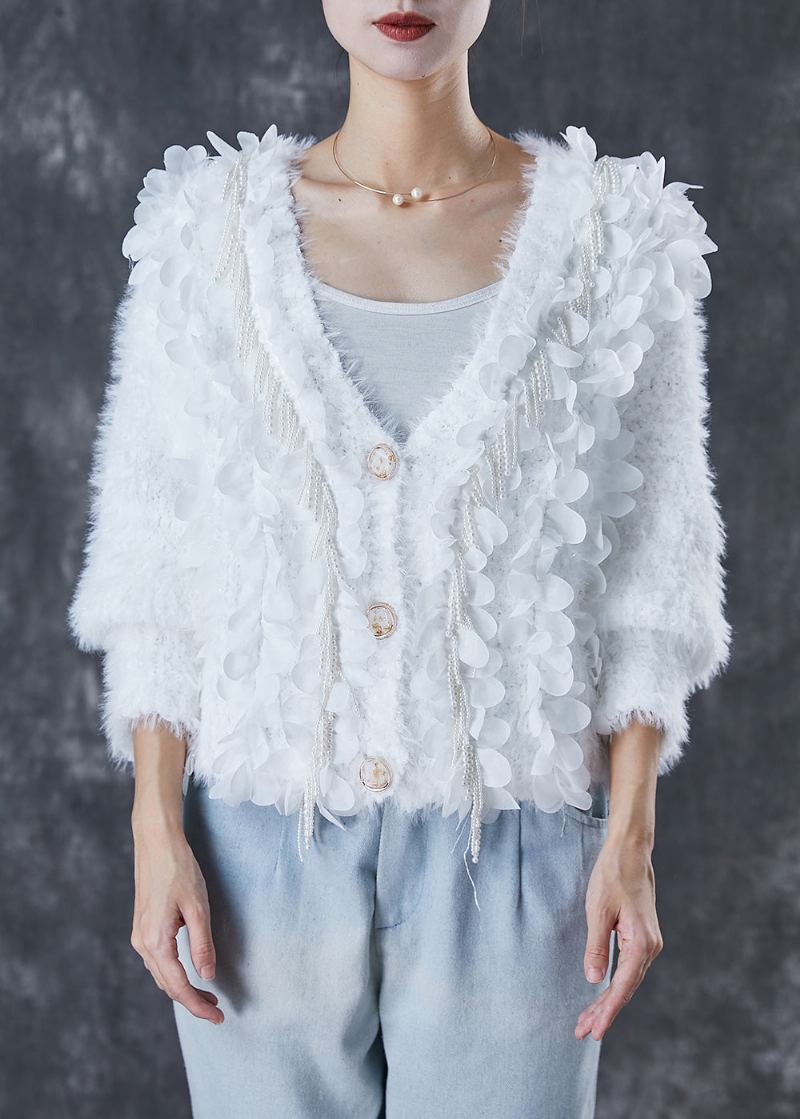 Cardigan En Tricot Blanc Ajusté À Pompons Et Perles Pour Ongles Printemps - Cardigans femmes