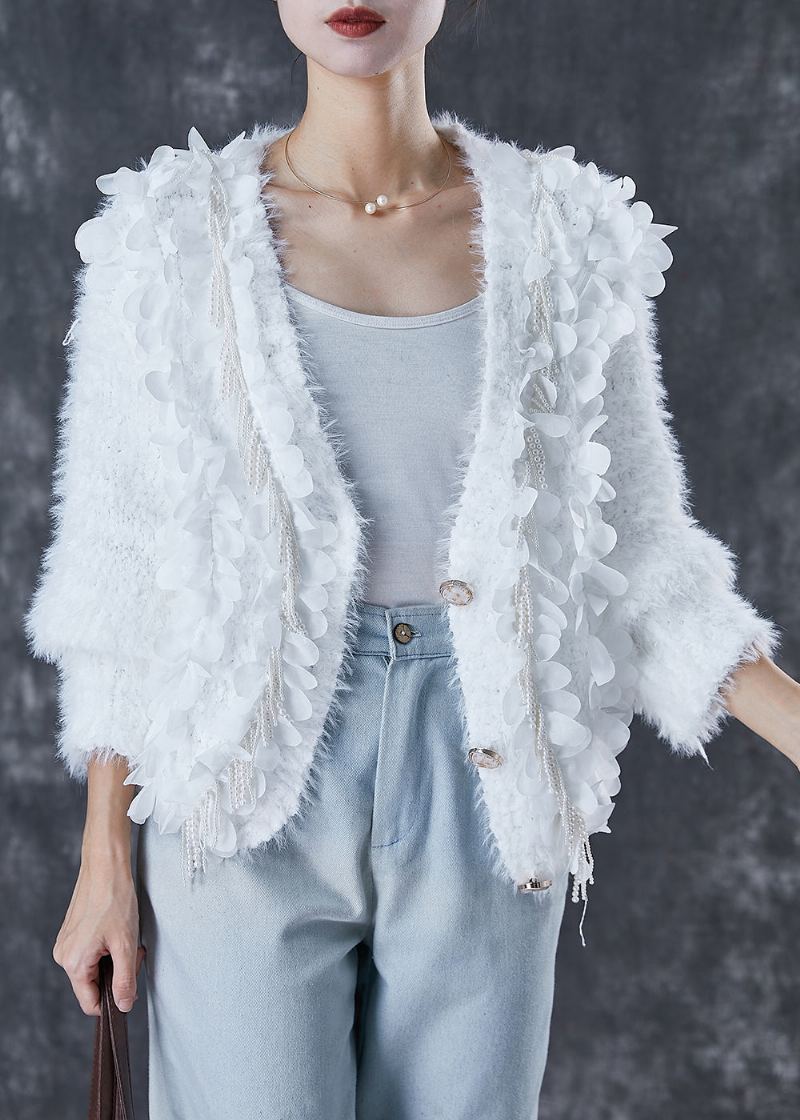 Cardigan En Tricot Blanc Ajusté À Pompons Et Perles Pour Ongles Printemps - Cardigans femmes