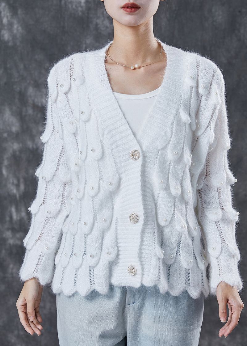 Cardigan En Tricot Blanc Confortable Col En V Perles À Ongles Printemps