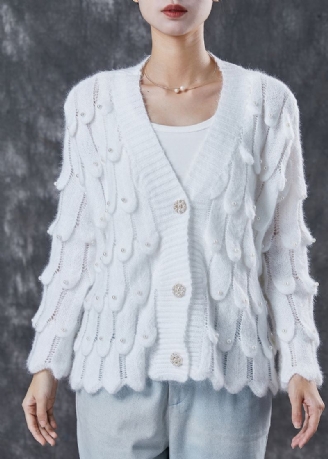 Cardigan En Tricot Blanc Confortable Col En V Perles À Ongles Printemps