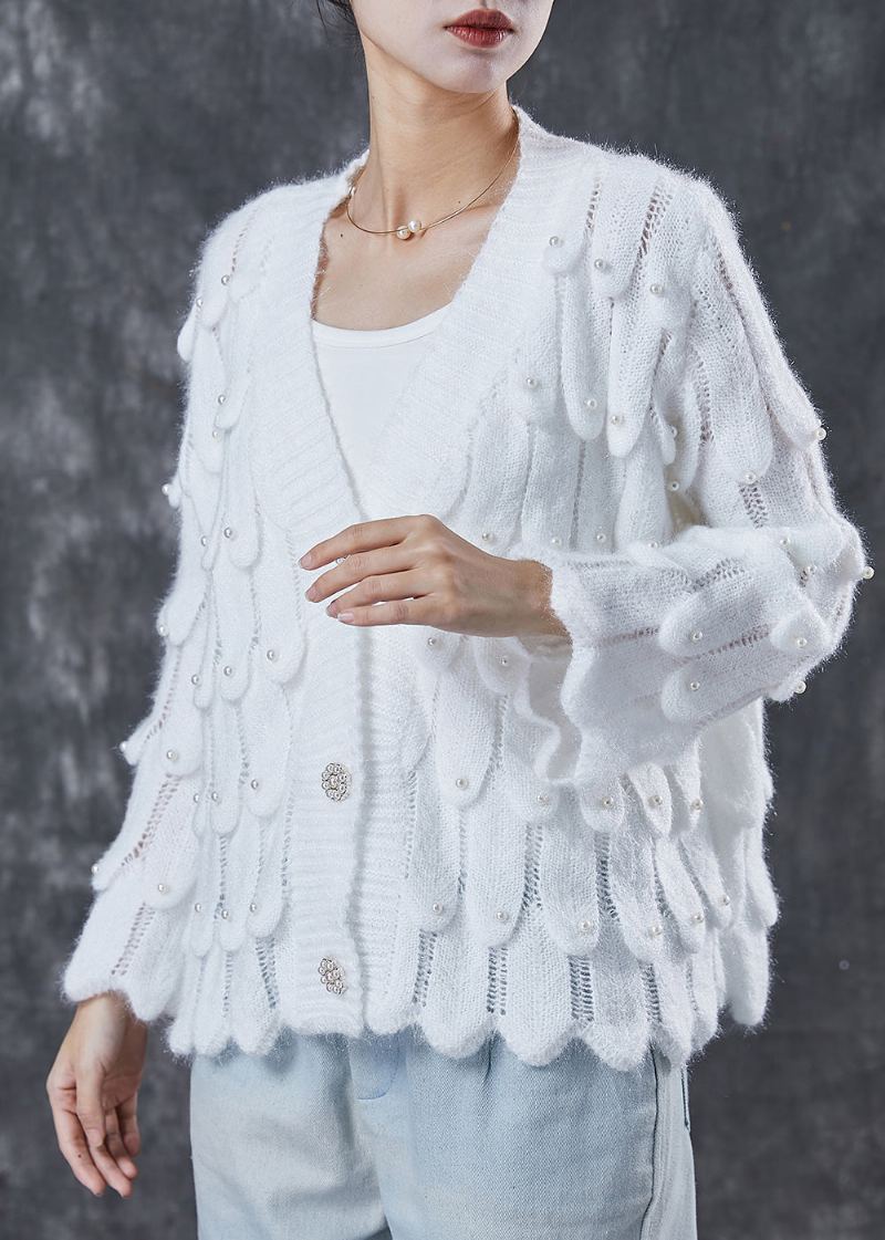 Cardigan En Tricot Blanc Confortable Col En V Perles À Ongles Printemps - Cardigans femmes