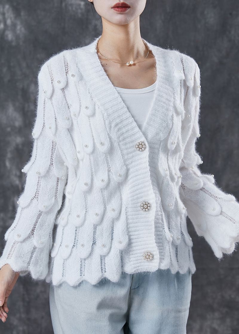 Cardigan En Tricot Blanc Confortable Col En V Perles À Ongles Printemps - Cardigans femmes