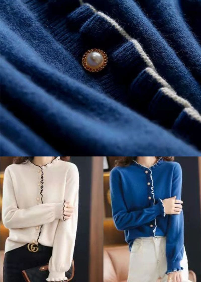 Cardigan En Tricot Blanc Italien À Col Rond Et Boutons En Perles À Volants Pour L'hiver - Cardigans femmes