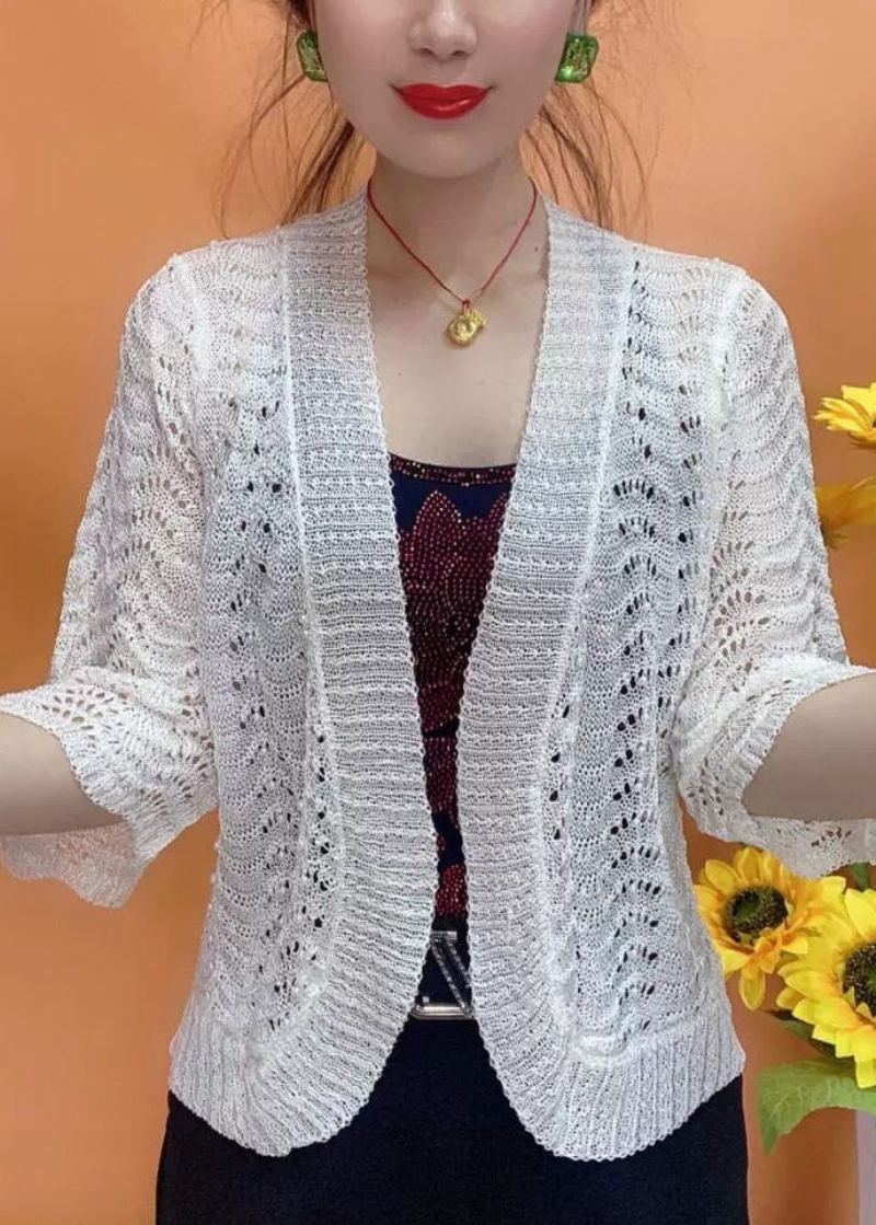 Cardigan En Tricot Blanc Simple À Col En V Ajouré Avec Manches Et Bracelet