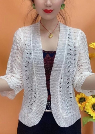 Cardigan En Tricot Blanc Simple À Col En V Ajouré Avec Manches Et Bracelet