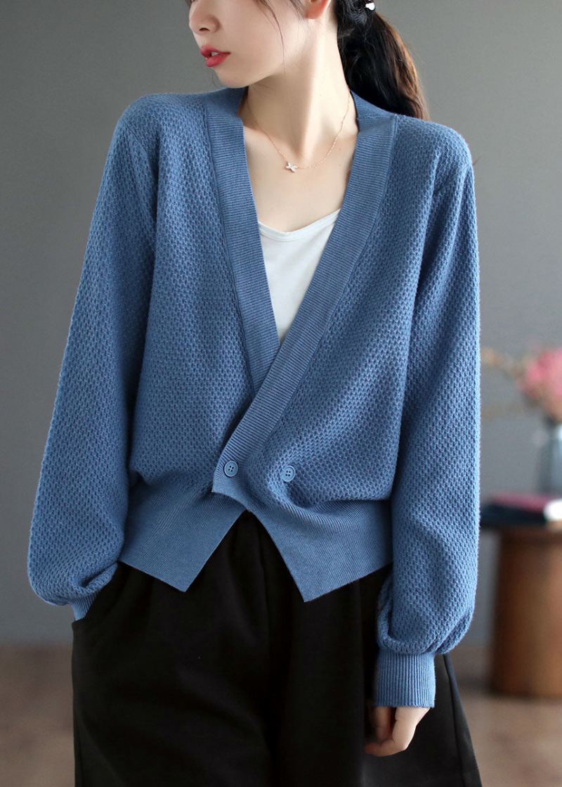 Cardigan En Tricot Bleu Pour Femmes Col En V Boutons Unis Automne