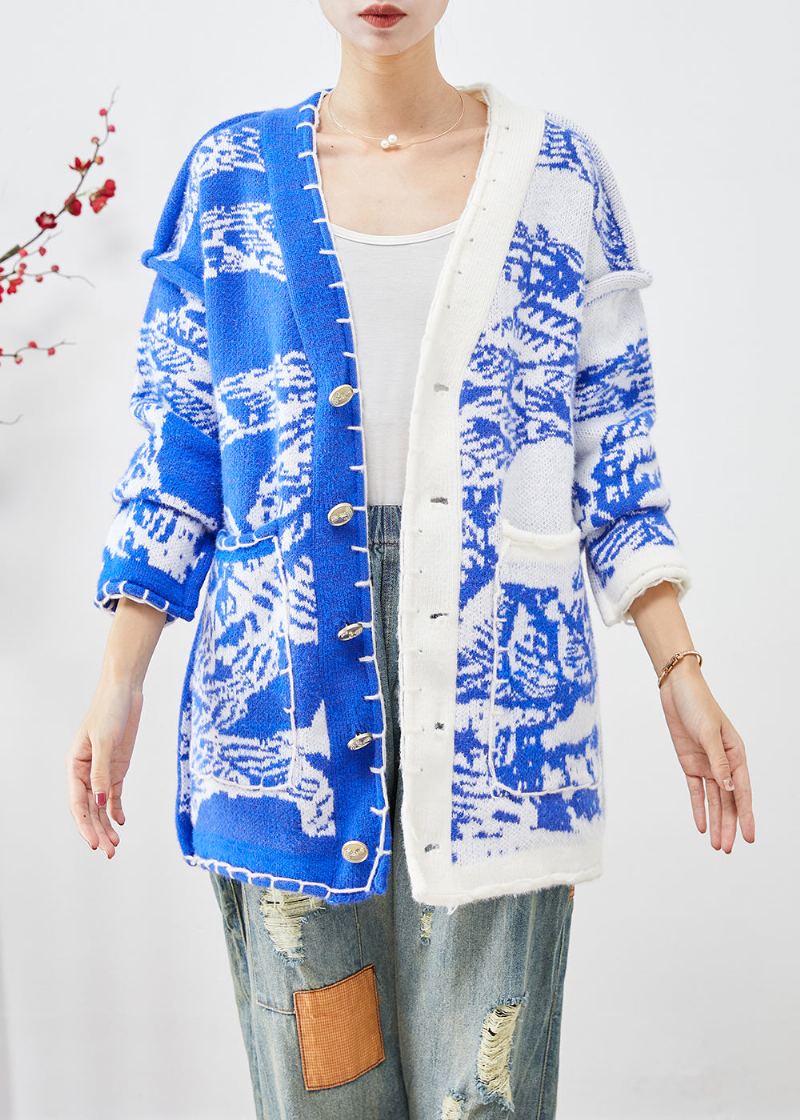 Cardigan En Tricot Bleu Tie-dye Asymétrique Boutonné Automne