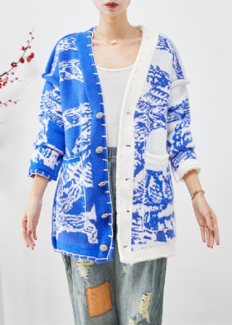 Cardigan En Tricot Bleu Tie-dye Asymétrique Boutonné Automne