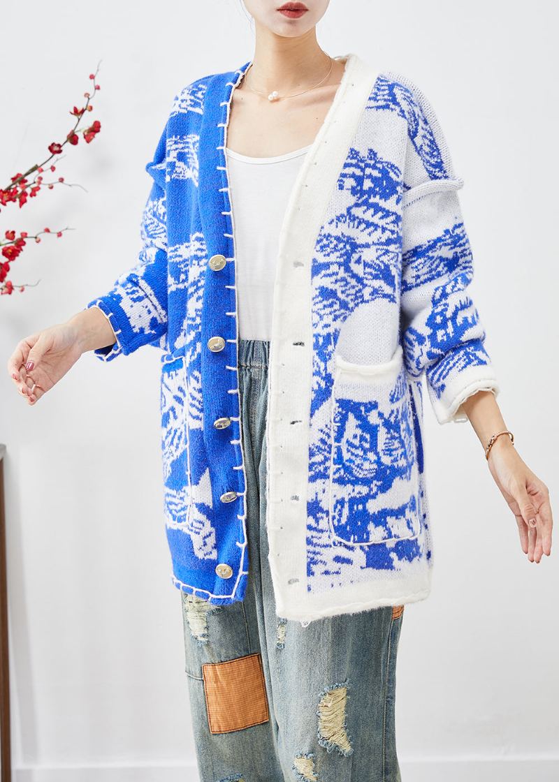 Cardigan En Tricot Bleu Tie-dye Asymétrique Boutonné Automne - Cardigans femmes