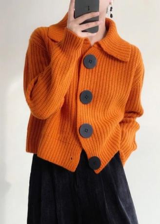 Cardigan En Tricot Boutonné À Col Peter Pan Orange Moderne Hiver