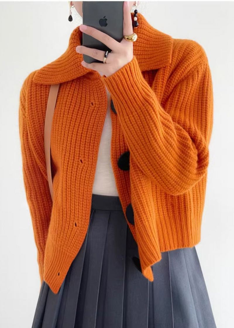 Cardigan En Tricot Boutonné À Col Peter Pan Orange Moderne Hiver - Cardigans femmes