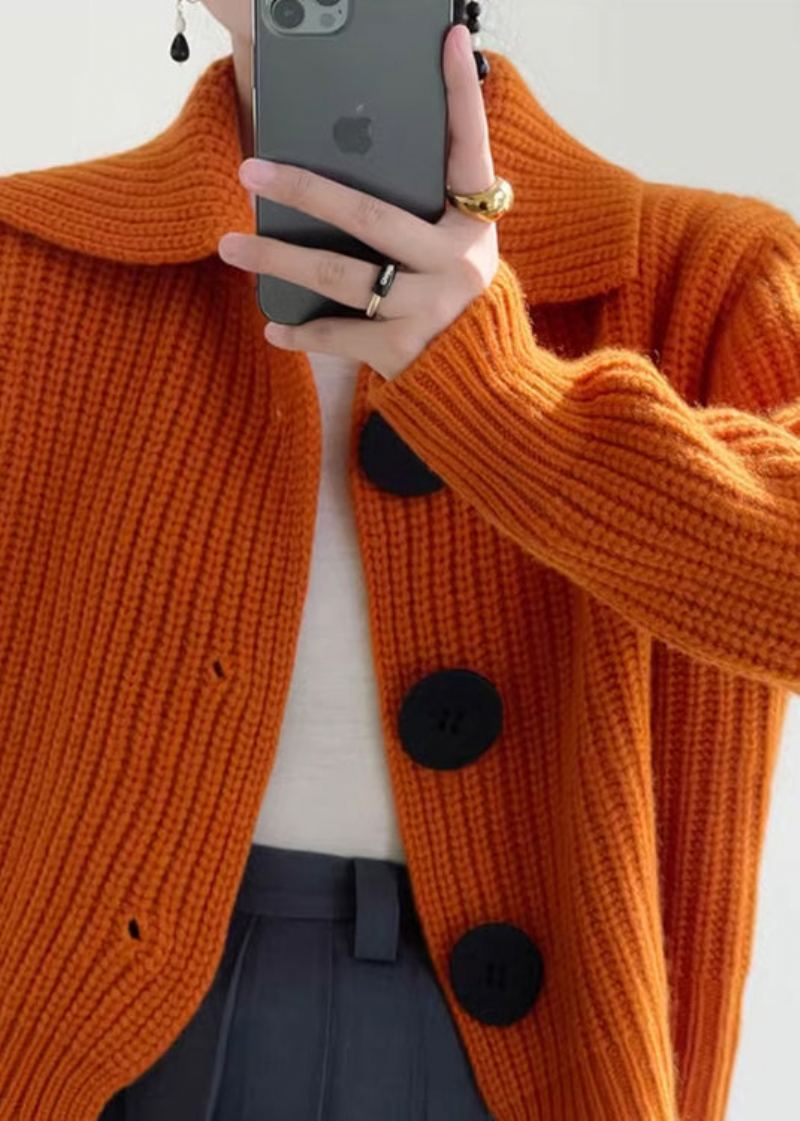 Cardigan En Tricot Boutonné À Col Peter Pan Orange Moderne Hiver - Cardigans femmes