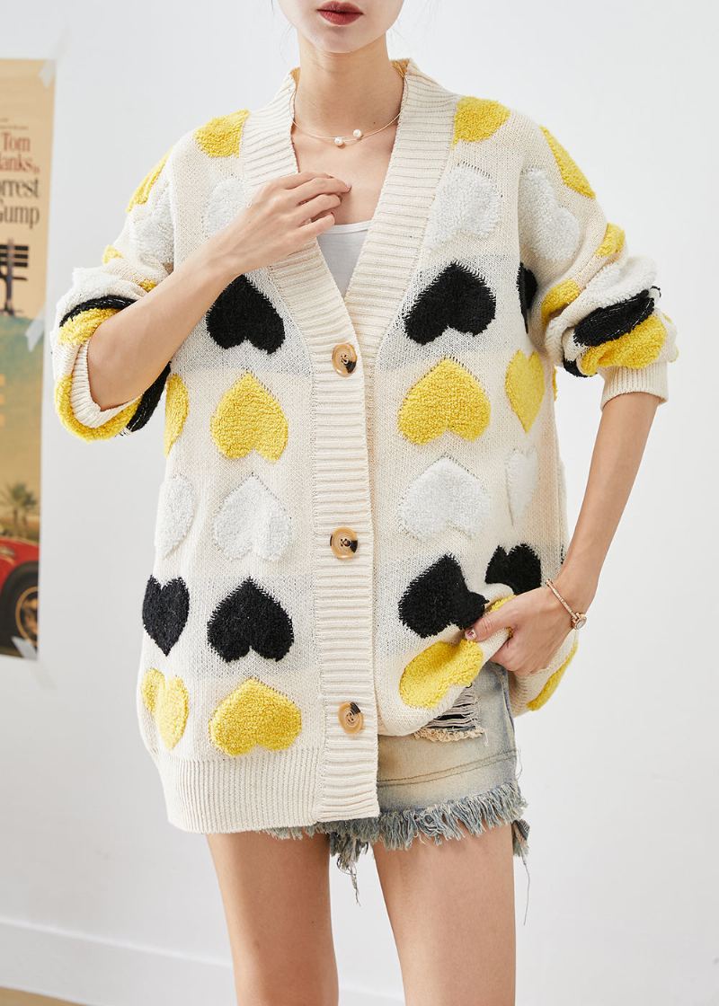 Cardigan En Tricot Boutonné En Jacquard Love Blanc Boutique Automne