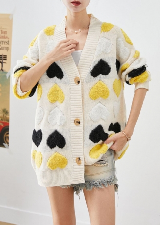 Cardigan En Tricot Boutonné En Jacquard Love Blanc Boutique Automne