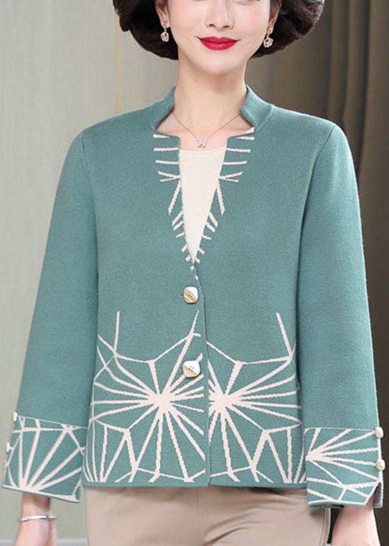 Cardigan En Tricot Boutonné Vert Moderne À Manches Longues Et Col En V - Vert