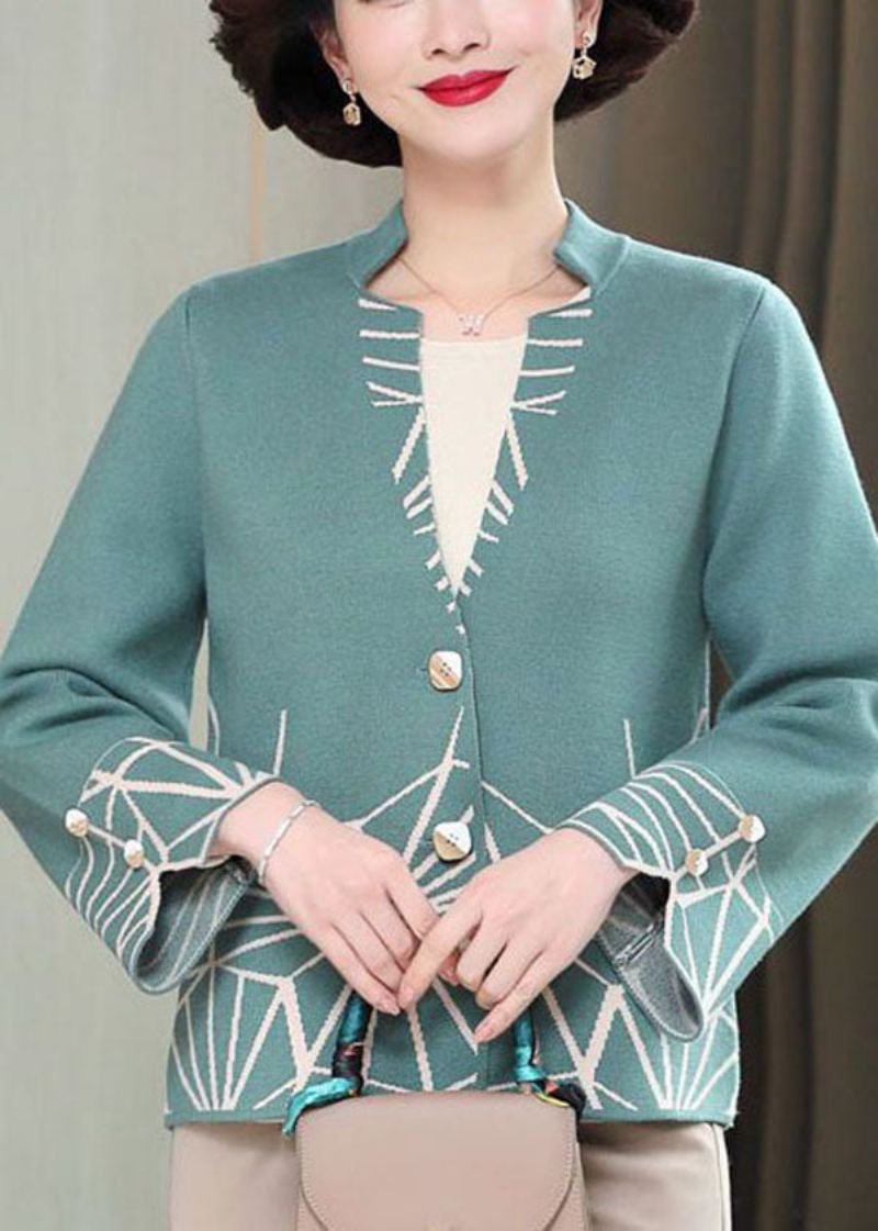 Cardigan En Tricot Boutonné Vert Moderne À Manches Longues Et Col En V - Vert