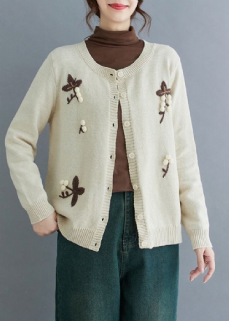 Cardigan En Tricot Brodé Beige Fait Main Hiver