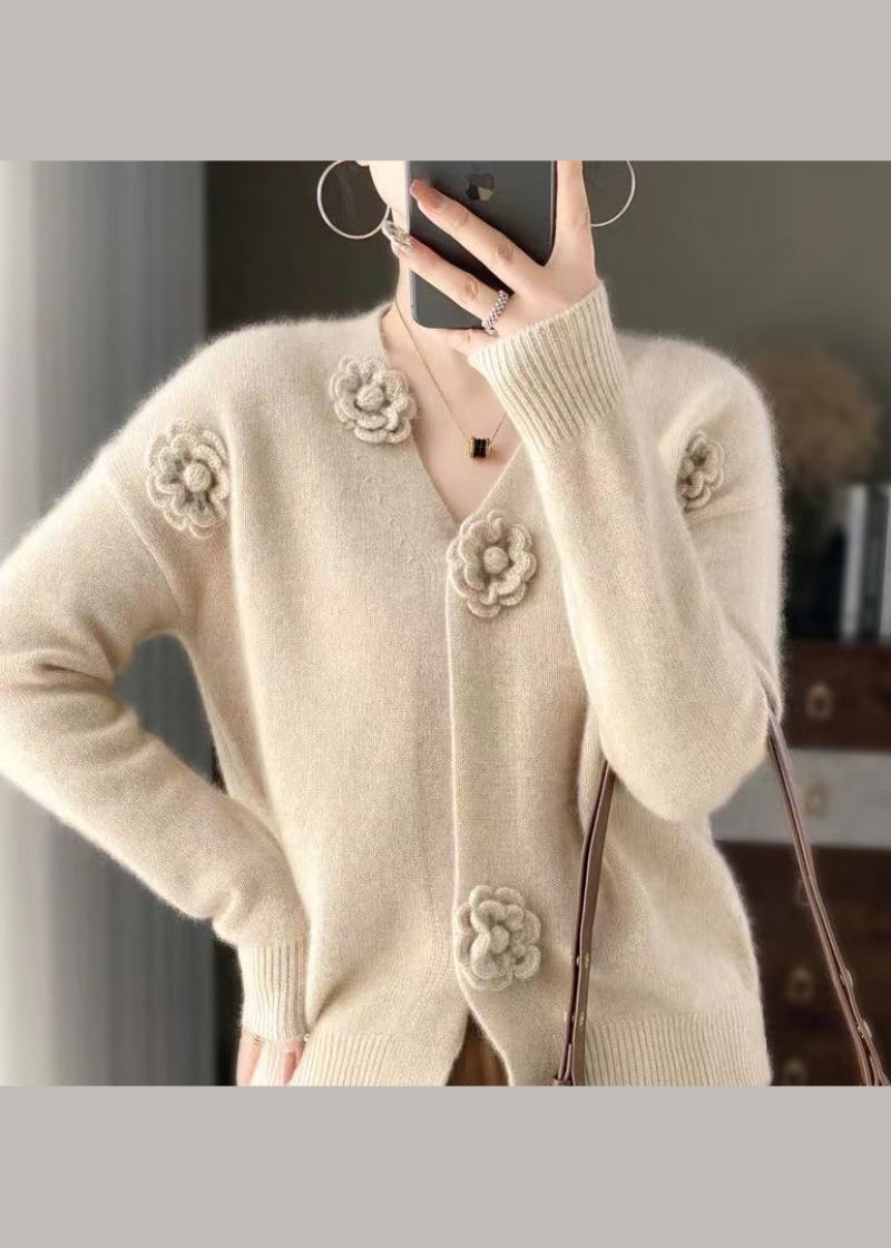 Cardigan En Tricot De Cachemire Au Crochet Floral Beige À Col En V Fait À La Main Printemps - Cardigans femmes