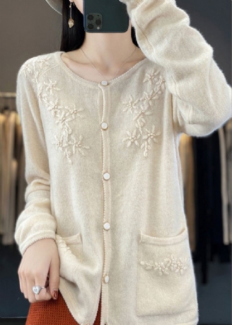 Cardigan En Tricot De Cachemire À Boutons Floraux Beige Unique À Manches Longues