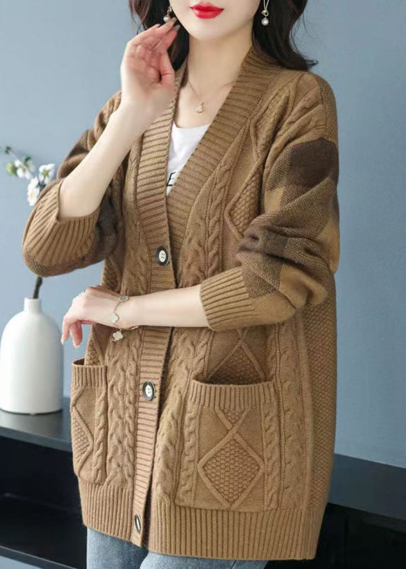 Cardigan En Tricot Camel Avec Poches Et Col En V Grande Taille Bouton Patchwork Automne