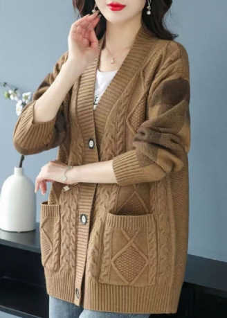 Cardigan En Tricot Camel Avec Poches Et Col En V Grande Taille Bouton Patchwork Automne