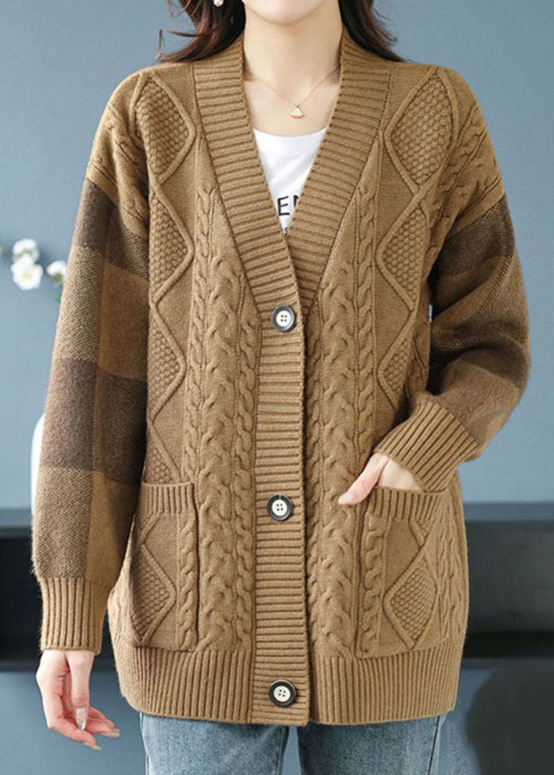 Cardigan En Tricot Camel Avec Poches Et Col En V Grande Taille Bouton Patchwork Automne - Cardigans femmes