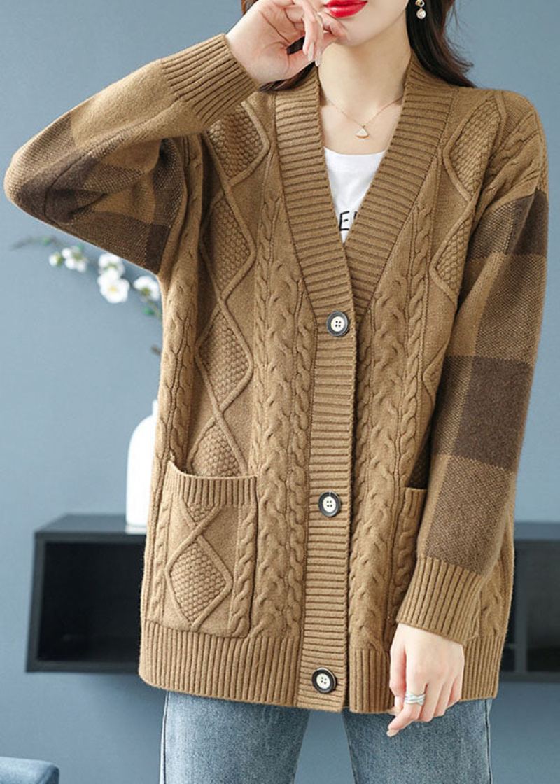 Cardigan En Tricot Camel Avec Poches Et Col En V Grande Taille Bouton Patchwork Automne - Cardigans femmes