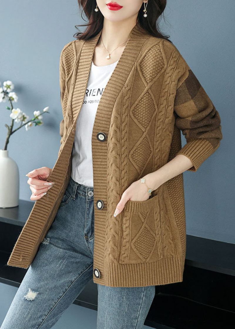 Cardigan En Tricot Camel Avec Poches Et Col En V Grande Taille Bouton Patchwork Automne - Cardigans femmes