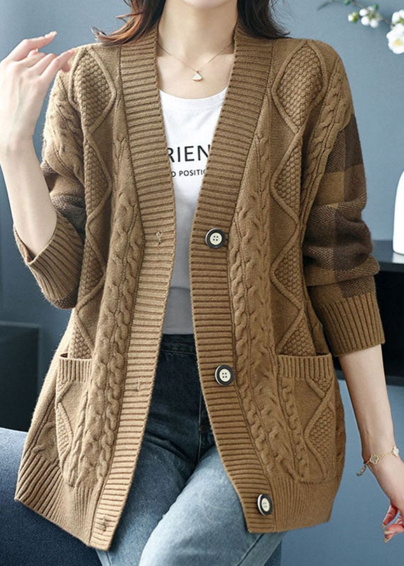 Cardigan En Tricot Camel Avec Poches Et Col En V Grande Taille Bouton Patchwork Automne - Cardigans femmes